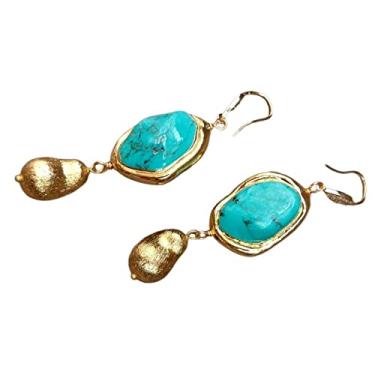 Imagem de Brincos de gancho com contas escovadas banhado a ouro azul turquesa em formato de pepita estilo de escritório para mulheres