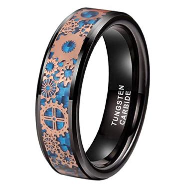 Imagem de TUTISS Anéis de tungstênio com revestimento Steampunk de fibra de carbono azul e verde de 8 mm para homens e mulheres, alianças de casamento com bordas chanfradas polidas, ajuste confortável, Metal não precioso, Sem pedra preciosa