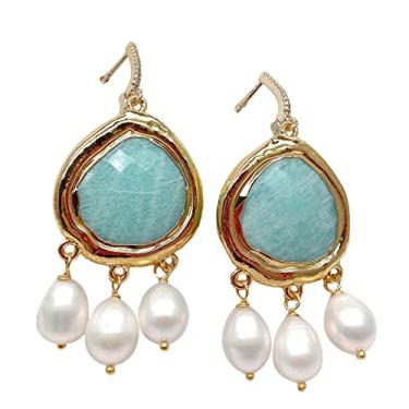 Imagem de Brincos pendentes de pérola de arroz branco cultivados com amazonita verde natural