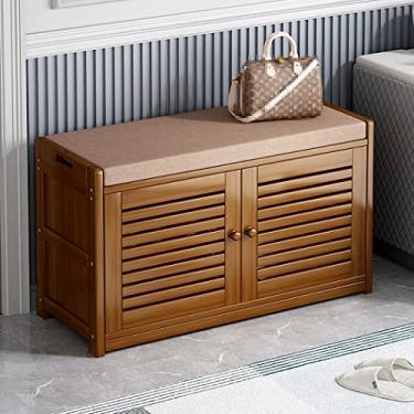 Imagem de Banco de armazenamento de entrada, banco de sapateira de bambu com almofada removível, armário de armazenamento de sapatos com portas de persiana, para sala de estar, entrada, corredor, comporta até
