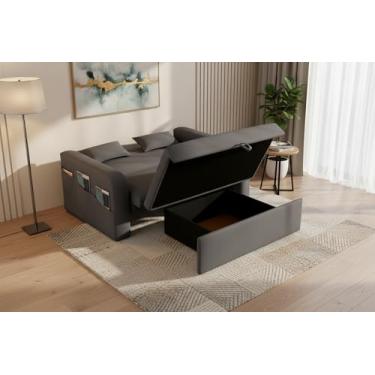 Imagem de Sofá-Cama Retrátil Lady Day 140cm com Baú e Almofadas em Veludo Cinza Sofisticado