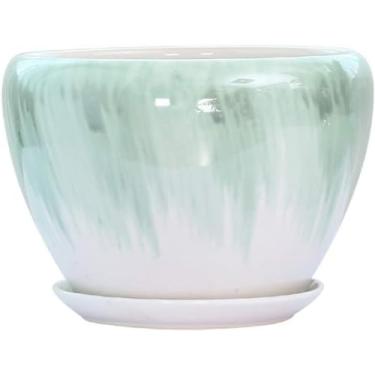 Imagem de GLETSF Vaso redondo de cerâmica suculenta, vaso de cacto com orifício de drenagem, decoração chinesa retrô para orquídeas, escritório, bonsai, decoração de casa (médio-M