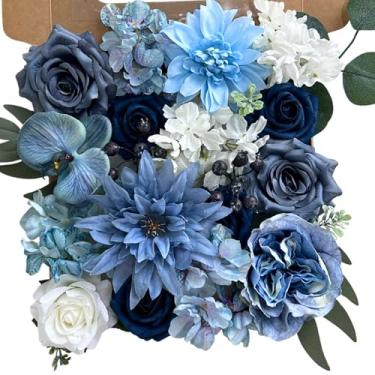Imagem de ASTRYAS Conjunto de flores artificiais de seda de rosas azuis empoeiradas para buquê de bricolage, arranjos florais, flor sintética azul marinho branca com haste multiuso festa de casamento em casa