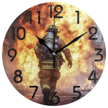 Imagem de ZzWwR Relógio de parede redondo grande de 25 cm, bombeiro 3D entrando em cena de incêndio, operado por bateria, analógico, silencioso, sem tique-taque, relógio de mesa para casa/cozinha/sala de estar