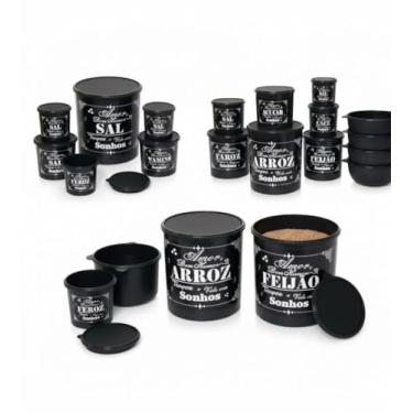 Imagem de Kit 9 Potes Organizadores para Mantimentos – Arroz, Feijão, Açúcar, Café, Sal + 4 Potes Redondos – Conjunto Preto para Cozinha – Plástico Resistente e Durável