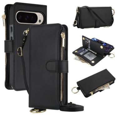 Imagem de Capa carteira para Google Pixel 10 Pro [bloqueio RFID] [bolso com zíper] [porta-cartão] capa protetora flip de couro PU com corda transversal/pulso/anel capa de telefone masculina e feminina (preto)