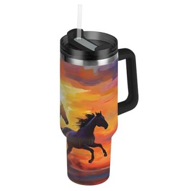 Imagem de SEHANY Copo Majestic Horse de 850 g com tampa e canudo, aço inoxidável de vácuo duplo isolado garrafa de água esportiva suporte de copo de café de viagem à prova de vazamento para bebida gelada