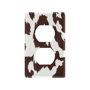 Imagem de Blueangle Placa de parede com textura de couro bovino branco marrom, tamanho padrão, placas de cobertura de tomada elétrica de 1 gangue para decoração de quarto de escritório em casa, 4,53 x 2,76