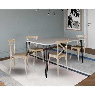 Imagem de Conjunto de Mesa Elen Retangular Tampo de Madeira 150x90cm Branco com 