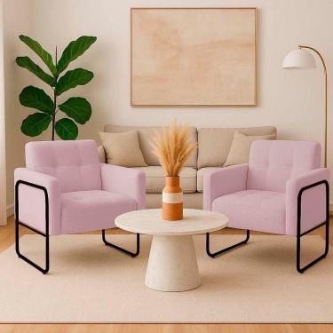 Imagem de Poltrona Sala Industrial Alta Tubo Preto Kit 2 Elisa Bouclê D03 - D`rossi Cor Rose