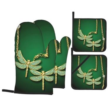 Imagem de Jewel Dragonfly - Conjunto de luvas de cozinha estampadas com suportes de tampa, luvas de forno resistentes ao calor para manusear panelas quentes, grelhar, churrascos, kit de 4 peças.