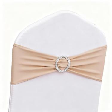 Imagem de Gankar Pacote com 100 faixas de cadeira nude com fivela deslizante para decoração de eventos, faixas de cadeira cáqui para casamento, festa, aniversário, reunião, decoração de cadeiras dobráveis.