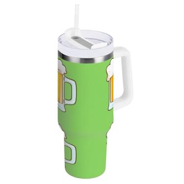 Imagem de Kigai Copo de 1,134 g com alça, copos isolados de cerveja com tampa e canudo, garrafa de água esportiva de metal grande, caneca de café de viagem de aço inoxidável