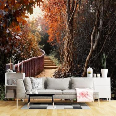 Imagem de Murais de parede de tamanho personalizado, outono sinuoso caminho de sujeira cerca de madeira roxa degraus de pedra tecido de parede autoadesivo (sem PVC) papel de parede grande removível para sala de