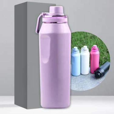 Imagem de Garrafa Térmica de Aço Inox 500ml - Tampa com Alça - Sistema de Parede Dupla Isolada à Vácuo - Ideal para Academia/Trabalho/Faculdade (Lilás)