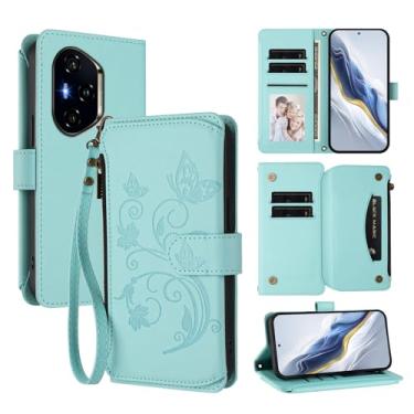 Imagem de Capa carteira para Honor 400 com porta-cartão, bolso com zíper e alça longa - capa fólio de couro com fecho magnético, suporte, capa feminina anti-impressão digital (menta)