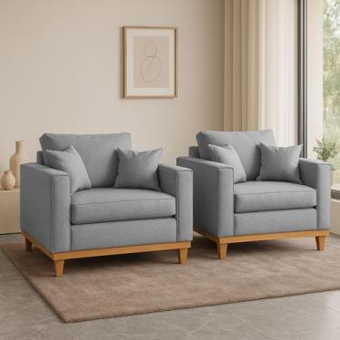 Imagem de Kit 2 Poltrona Sofa Benny com Almofada Linho Base de Madeira Castanho 