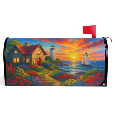 Imagem de TSENQUE Capas decorativas para caixa de correio magnética, desenho animado floral, casa, flor, mar, outono, caixa de correio, vinil, decoração moderna, caixa de correio, tamanho grande, 64,5 x 52,8 cm
