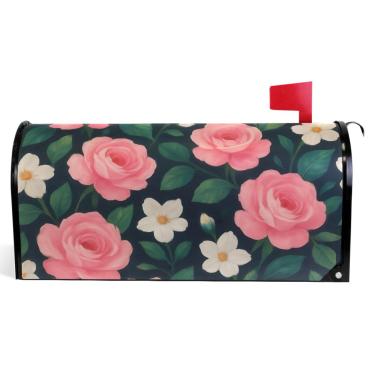Imagem de TSENQUE Capas decorativas para caixa de correio magnética, envoltório de caixa de correio, vinil, lindas flores rosa e brancas, verde, férias, à prova de intempéries, decoração de caixa de correio