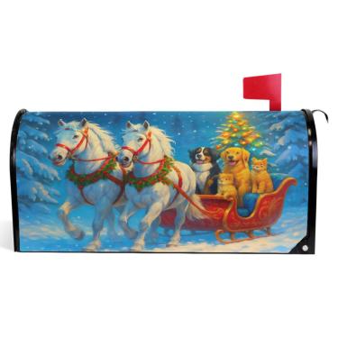 Imagem de TSENQUE Capas de caixa de correio decorativas magnéticas fofas de inverno cavalo cachorro vinil caixa de correio envoltório verão caixa de correio moderna decoração de jardim tamanho grande 64,5 x