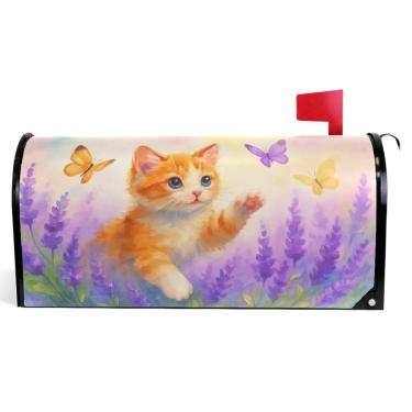 Imagem de TSENQUE Capas magnéticas decorativas para caixa de correio de vinil envoltórios de inverno bonito desenho animado gato borboleta roxa moderna caixa de correio decorações tamanho padrão 52,6 x 45,8 cm