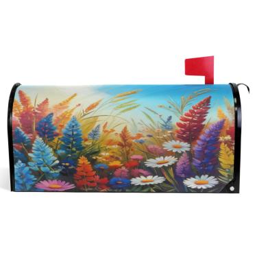 Imagem de TSENQUE Flores coloridas desenhos animados flores azuis outono caixa de correio magnética sazonal outono caixa de correio vinil fazenda decoração exterior tamanho padrão 52,6 x 45,8 cm