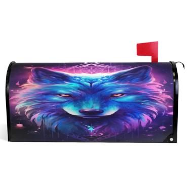 Imagem de TSENQUE Capas magnéticas decorativas para caixa de correio de vinil envoltórios de inverno azul roxo lobo à prova de intempéries decoração de caixa de correio de férias tamanho padrão 52,6 x 45,8 cm
