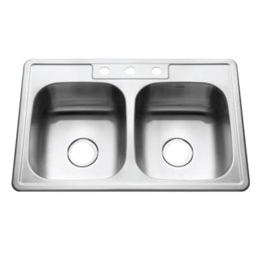 Imagem de Houzer Pia de cozinha 3322-8BS3-1 Glowtone Series Topmount de aço inoxidável 3 furos 50/50 com tigela dupla, 20 cm de profundidade
