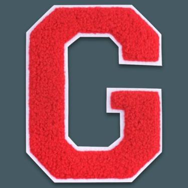 Imagem de QianSiLi Adesivos de letras universitárias de chenille vermelho de 15 cm, letras grandes para jaquetas Letterman, moletons com capuz, mochilas, coletes, roupas, adesivos individuais da letra G
