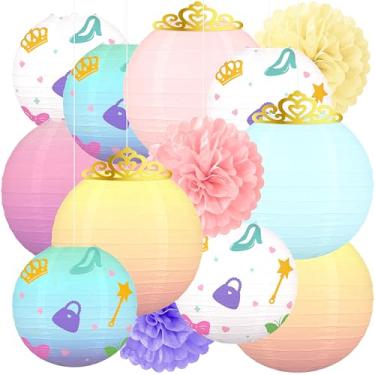 Imagem de Conjunto de 13 peças de decorações de lanternas de papel penduradas para festa de princesa: decoração de chá de galentinos roxo rosa amarelo pompom coroa redonda ornamentos para casa aniversário teto