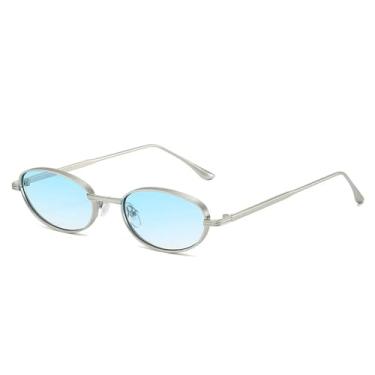 Imagem de Óculos de Sol UV400 - Oval Metálico com Lentes Degradê Azul Punk para Homens e Mulheres, Ideal para Esportes ao Ar Livre, Corrida e Ciclismo, com Degradê Prateado e Azul