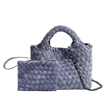 Imagem de OUYGZOU Bolsa feminina de tecido com bolsa de moedas, bolsa transversal pequena de corrente dobrável, bolsa de ombro moderna, bolsa Hobo, Denim Deep Blue