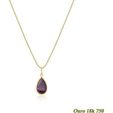 Imagem de Cordão Ouro 18k 750 Feminino 40cm + Ponto de Luz Gota 9mm Ametista Rox