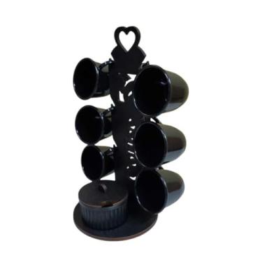 Imagem de Suporte para 6 Xícaras com Açucareiro – Madeira MDF, Organizador de Cozinha para Cantinho do Café, Ideal para Armazenamento e Decoração Doméstica (S/PRETO C/ 6XC PRETA - R/PT)