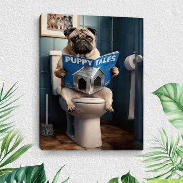 Imagem de Arte engraçada de parede de banheiro Pug, leitura de jornal em tela higiênica, decoração de parede, humor emoldurado, imagem animal, banheiro, banheiro, impressões, pôster, arte, banheiro, banheiro