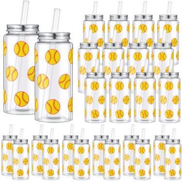 Imagem de Maxdot Pacote com 24 copos de plástico de softball de 402 g com tampa e canudo a granel copo de plástico reutilizável transparente garrafa de suco copo para lembrancinhas de festa temáticas esportivas
