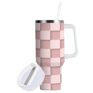 Imagem de ATTX Copo de xadrez rosa de 850 g com alça - Caneca de viagem de aço inoxidável isolada a vácuo, copo de café à prova de vazamento com canudo #189