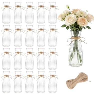 Imagem de 20 vasos de flores de plástico a granel com cordas, pequenos vasos de flores para centros de mesa, garrafas transparentes de plástico decorativo para recepção de casamento, mesa de jantar, decoração