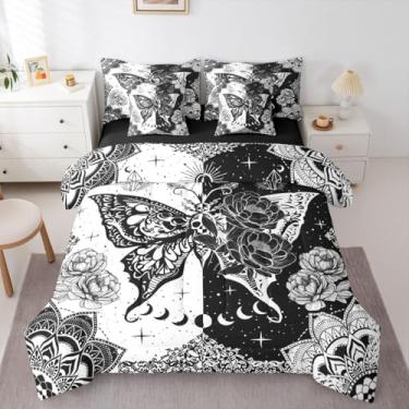 Imagem de Erosebridal Conjunto de cama solteiro com 7 peças, borboleta, rosa, preto, branco, gótico, étnico, geométrico, com lençol com lençol de cima, boêmio, exótico, lua, para adultos, homens e mulheres