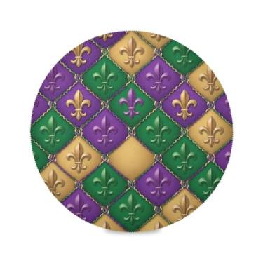 Imagem de Wassud Jogo americano Mardi Gras Diamond Grid Tapetes de mesa redondos para cozinha e jantar tapetes laváveis resistentes ao calor decoração de mesa 39 cm