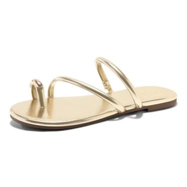 Imagem de Coutgo Sandálias femininas rasteiras com tiras quadradas, bico aberto, chinelos, anel, dedo do pé deslizante, sapatos sociais de verão, Ouro claro, 38