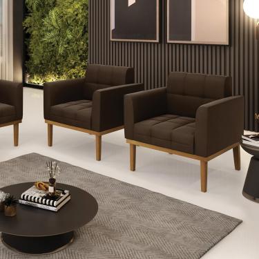 Imagem de Kit 2 Poltronas Decorativas Karen Pés Fixo em Madeira Castanho Suede Marrom 19 - Gran Belo