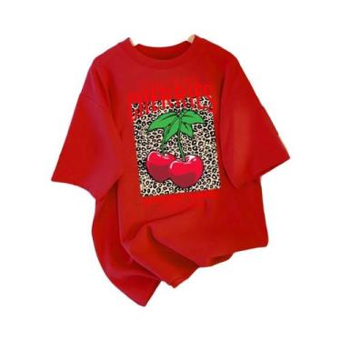 Imagem de Camiseta Feminina De Algodão Com Gola Redonda, Estampa De Cerejas Sele
