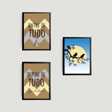 Imagem de Kit 3 Quadros Fé E Gratidão Pássaros 45X34Cm Moldura Preta