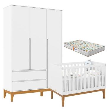 Imagem de Berço Americano Unique e Guarda Roupa 3 Portas Nature Clean Branco Soft Eco Wood com Colchão Gazin – Matic
