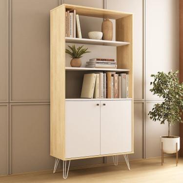 Imagem de Estante para Livros Alta com Pés de Metal 2 Portas 183cmx90cm Carvalho / Branco