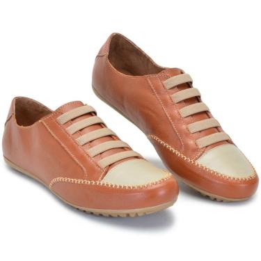 Imagem de Sapatênis Tênis Feminino Couro Legítimo Caramelo e Bege-Feminino