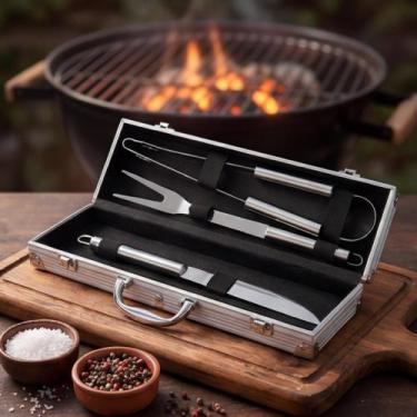Imagem de Kit Churrasco 3 Peças Aço Inox com Maleta Faca Garfo Pegador Portátil 