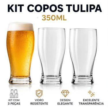 Imagem de Copo Tulipa 350ml Kit 3 Peças Vidro Cerveja Chopp Drinks Elegante Resi