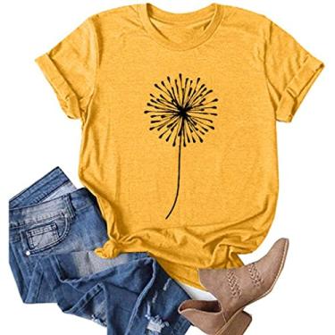 Imagem de Camisetas femininas elegantes de praia moda dente-de-leão gráfico vintage camisetas verão manga curta camisetas casuais, Amarelo, XXG